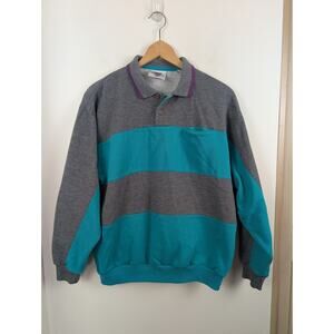 Claybrooke Sport Men's Large L Sweatshirt Vintage Grey Turquoise Collared 80s